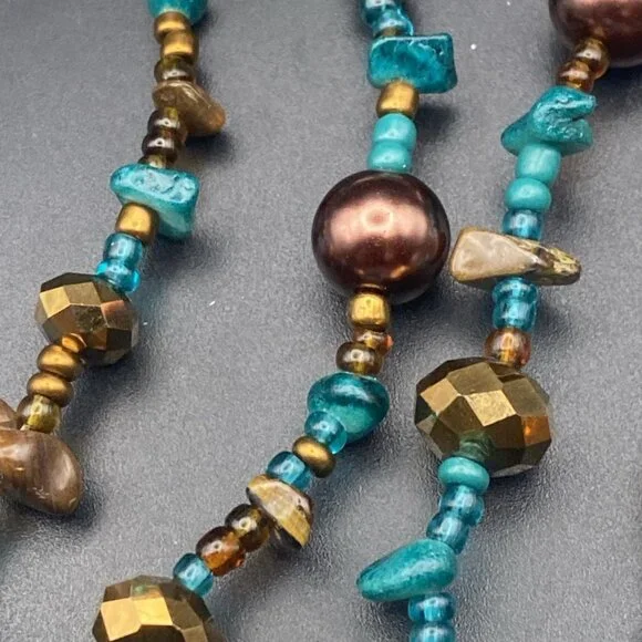 NWT Vtg EsMor Necklace Earring Set Faux Turquoise Copper Gold Foil Glass Bead - Picture 6 of 7